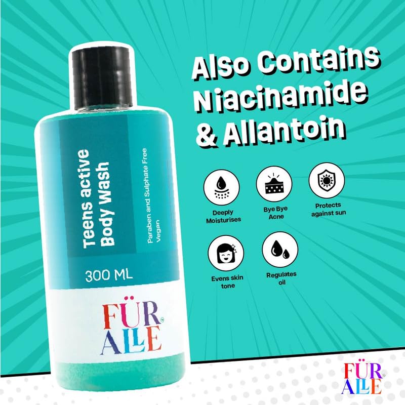 FurAlle Teens Active Body Wash 300ml | Natural Bodywash with Aloe Vera, Watermelon, Cucumber & Green Tea Extracts | Refreshing Bodycare for Teen Boys & Girls | Gentle Daily Shower Gel for Kids