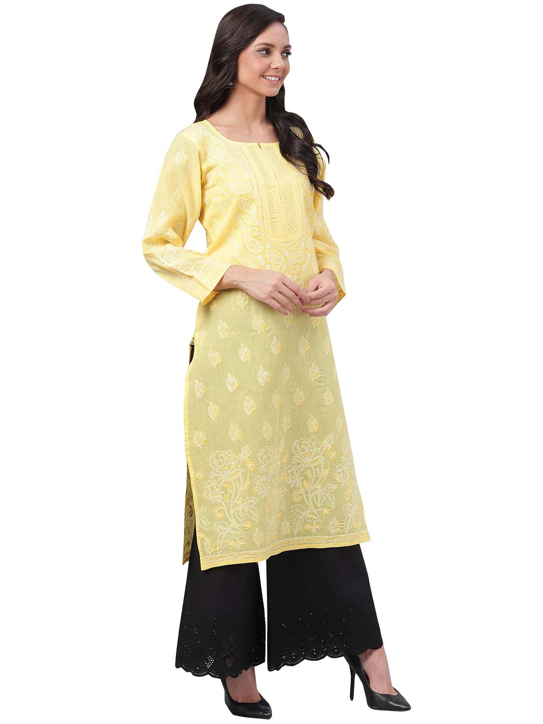 Ada Hand Embroidered Lucknowi Chikankari Straight Cotton Kurti Kurta for Women A220999 White 2XL