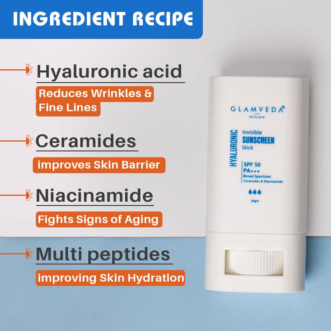 Glamveda Hyaluronic Invisible Sunscreen Stick SPF-50 PA+++ | Blue Light Filter, Hydration with Hyaluronic Acid & Ceramides | Dewy Finish, Easy Application | UVA/UVB Protection | for Men & Women | 20g