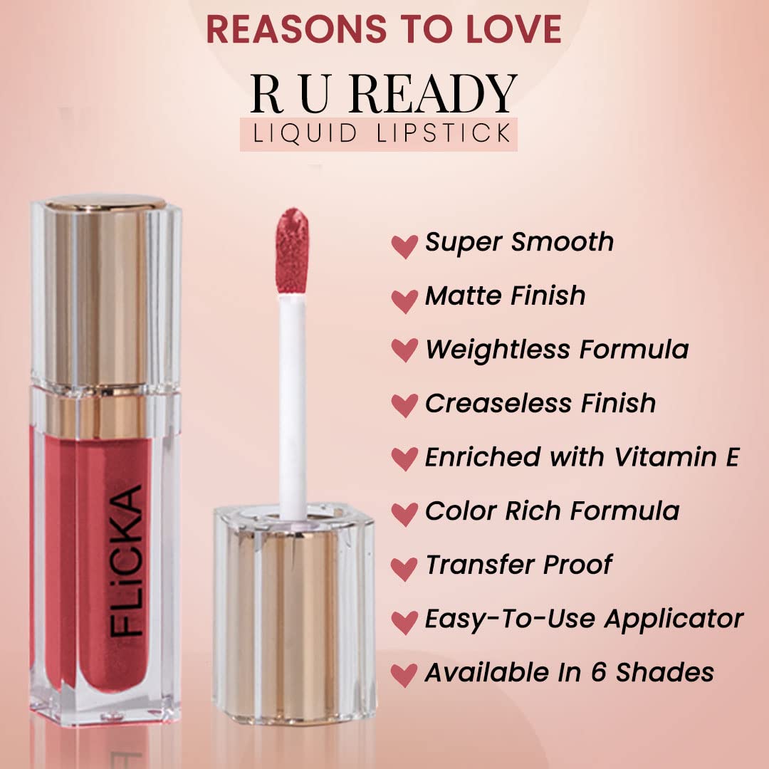 FLiCKA R U Ready Matte Finish liquid Lipstick For Women| Transfer Proof, Smudge Proof, Non-Sticky, Creamy Lightweight Lipstick For Women, 03 Bare Love 5ml