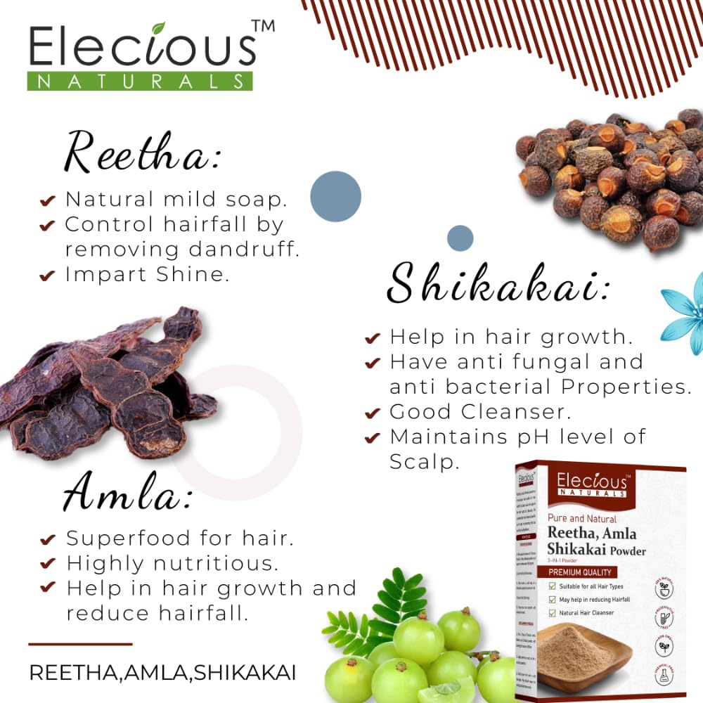 Elecious Pure Amla, Reetha, Shikakai Powder for Hair | Natural Hair Cleanser | 100% Natural, No Chemical or Preservative | SLS, Paraben-Free | Prevents Hairfall & Dandruff, Boost Hair growth