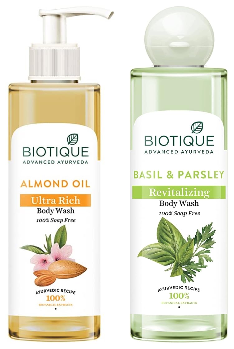 Biotique Almond Oil Ultra Rich Body Wash, Botanical Extracts, 200ml & Basil & Parsley Body Wash, Transparent, 200ml