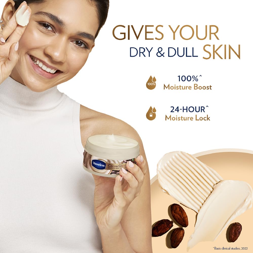 Vaseline Cocoa Glow Whipped Body Butter, 180 g. Cocoa & Shea Butter for Glowing Soft Skin