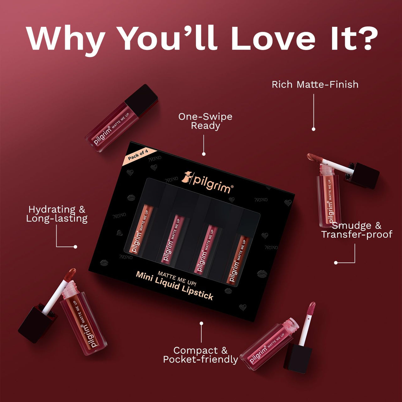 Pilgrim Matte Mini Liquid Lipstick 4 in 1 Pack Smudgeproof, Hydrating & Lightweight (The Pink Sin, 4 ml)