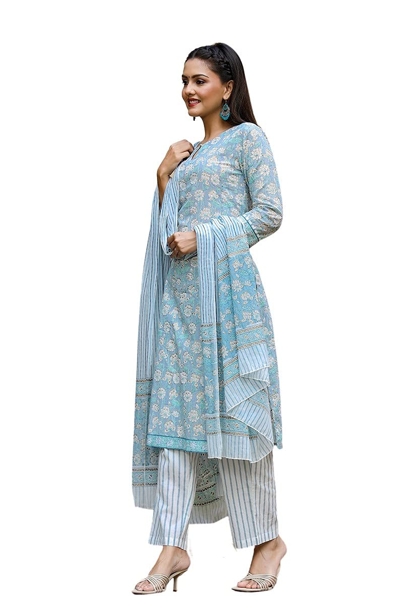 Vaamsi Cotton Printed Kurta Palazzo Dupatta Set (VKSKD1121_Blue)