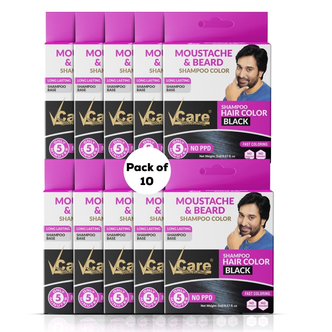 VCare Moustache and Beard color shampoo for Men Black, Natural Hair Color Dye Conditioner | No Ammonia No Paraben No PPD - 5 ml (Pack Of 10)