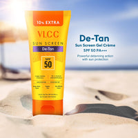 VLCC De-Tan SPF 50 PA+++ Sunscreen Gel Crème - 100g + 10g | With Cucumber, Carrot, and Saxifraga Extracts | Enhances Glow, Protects from UVA, UVB Rays, and Help Reduce Dark Patches.