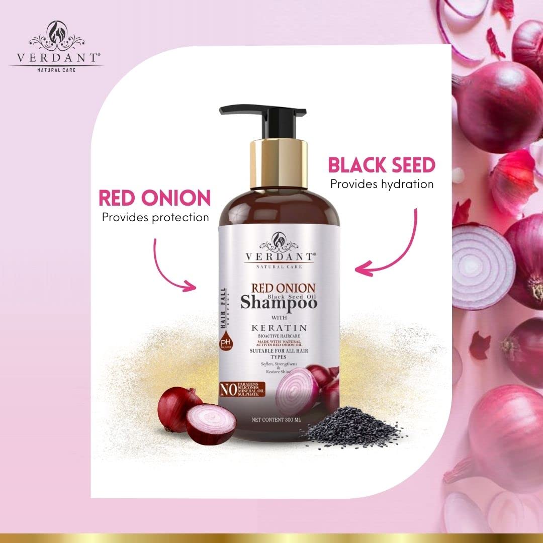 Verdant Natural Care Red Onion Shampoo for Hair Growth | With Black Seed Oil Extract, Keratin & Pro-Vitamin B5 | Onion Shampoo for Hair Fall Control | Onion Shampoo for Hair Fall | Anti Fall Hair Shampoo for Women & Men | Red Onion Hair Shampoo - No Parab