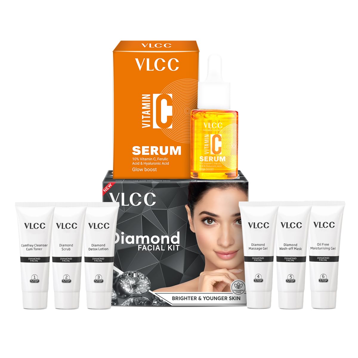 VLCC Diamond Facial Kit - 60g with FREE Vitamin C Serum - 15ml for Skin Purification & Skin Hydration | With Colloidal Diamond, Jojoba Oil, Vitamin C, and Ferulic Acid