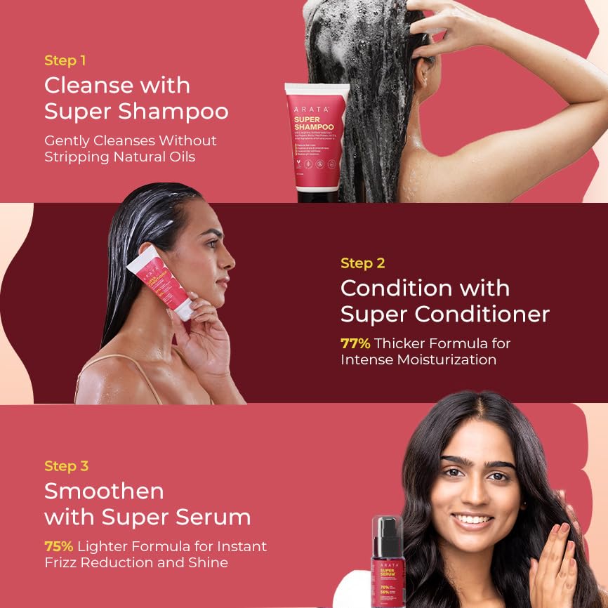 Arata Super Anti-Frizz Trio Travel Pack | Super Shampoo, Conditioner & Serum | Reduces Frizz, Adds Shine & Smoothens Hair | With Keratin, Argan Oil, Jojoba Complex | 230ML
