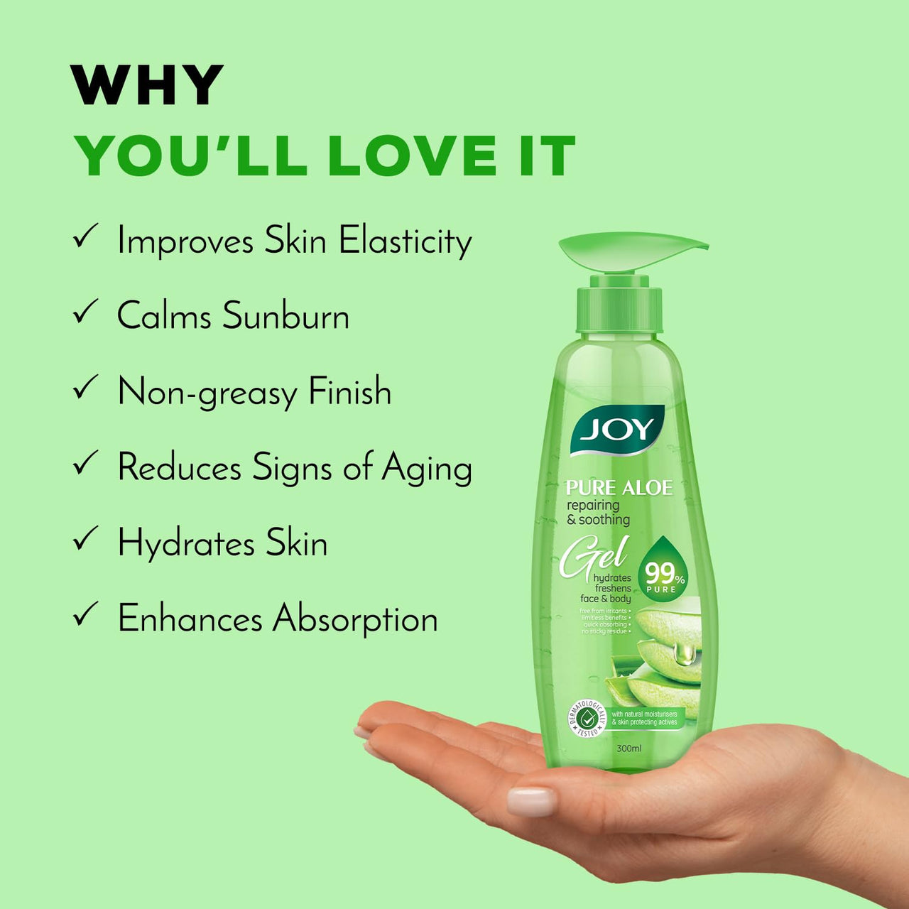 Joy Pure Aloe Vera Gel for Face & Body (300ml) with Natural Moisturisers & Pro Vitamin B5 | 99% Pure Aloe Gel for Hydrating Dry & Damaged Skin | Non Sticky & Quick Absorbing
