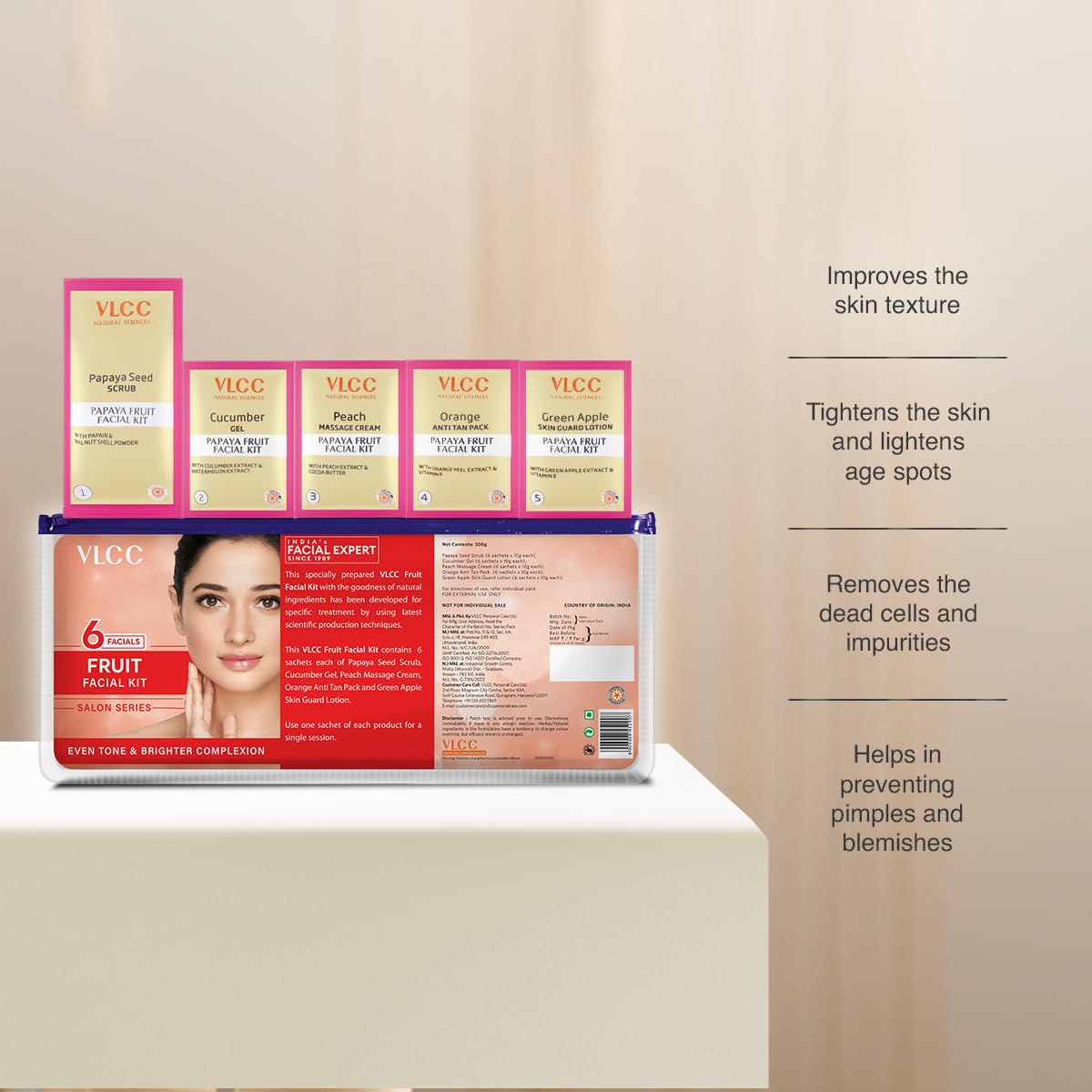 VLCC Salon Series Fruit Facial Kit - ( 6 Facials ) - 300g | At Home Fruit Facial | Tightens Skin, Lightens Dark Spots & Brightens Skin Tone | Papaya, Cucumber, Peach, Orange & Green Apple.