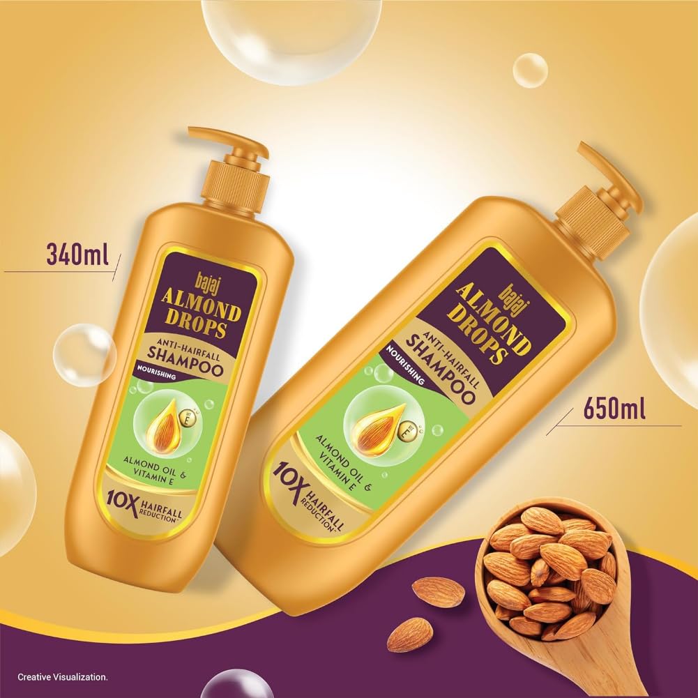 Bajaj Almond Drops Anti Hairfall Shampoo with Almond Oil & Vitamin E | For 10X Hairfall Reduction* & Soft, Shiny Hair* | Paraben Free | Ideal for Men and Women - 340ML