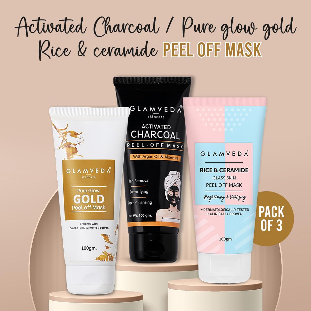 Glamveda Pack of 3 Korean Glass Skin Rice & Ceramide, Activate Charcoal & Gold Peel Off Mask 100gm | Face Pack For Men & Women | Remove Blackheads, Signs of Ageing & Skin Brightening | All Skin Types