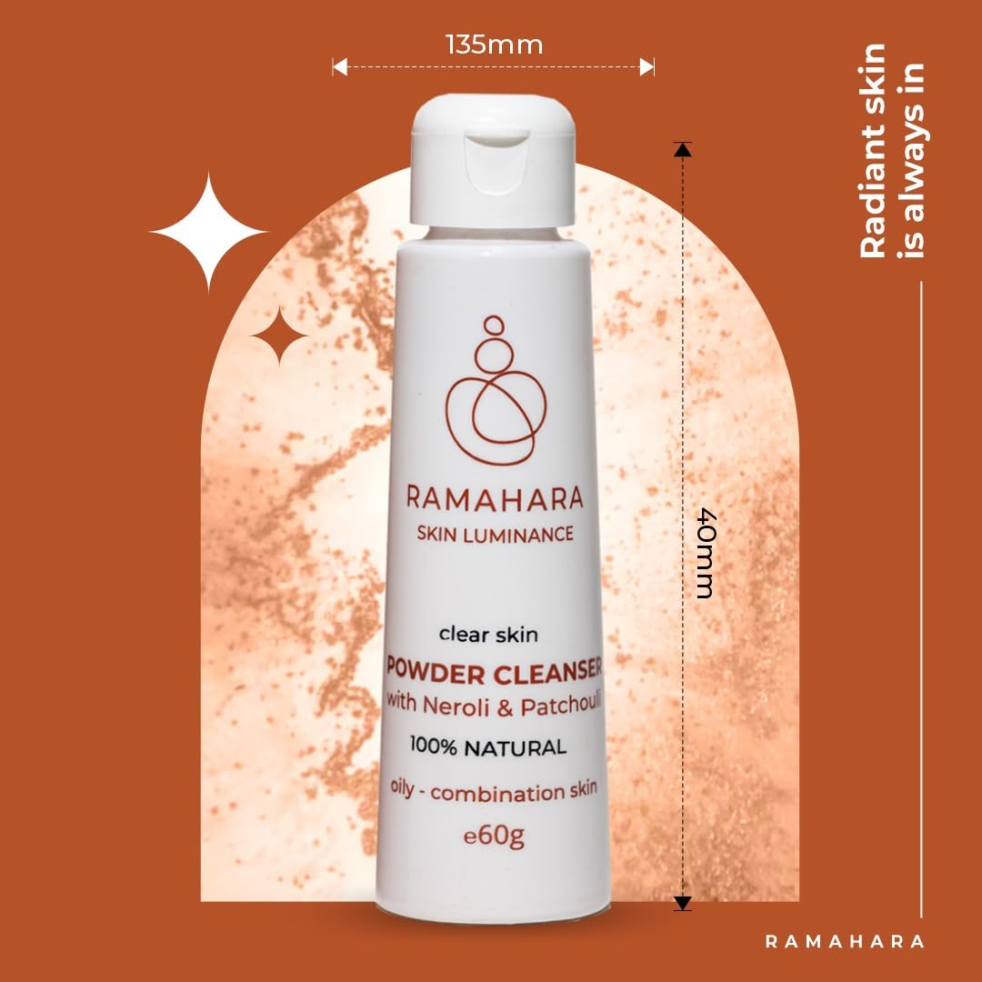 Ramahara Skin Luminance Clear Skin Powder Cleanser with Neroli & Patchouli 100% Natural Powder Face Wash, Skincare for Refreshed Face - Cleanses & Nourishes oily-combination skin, 60g