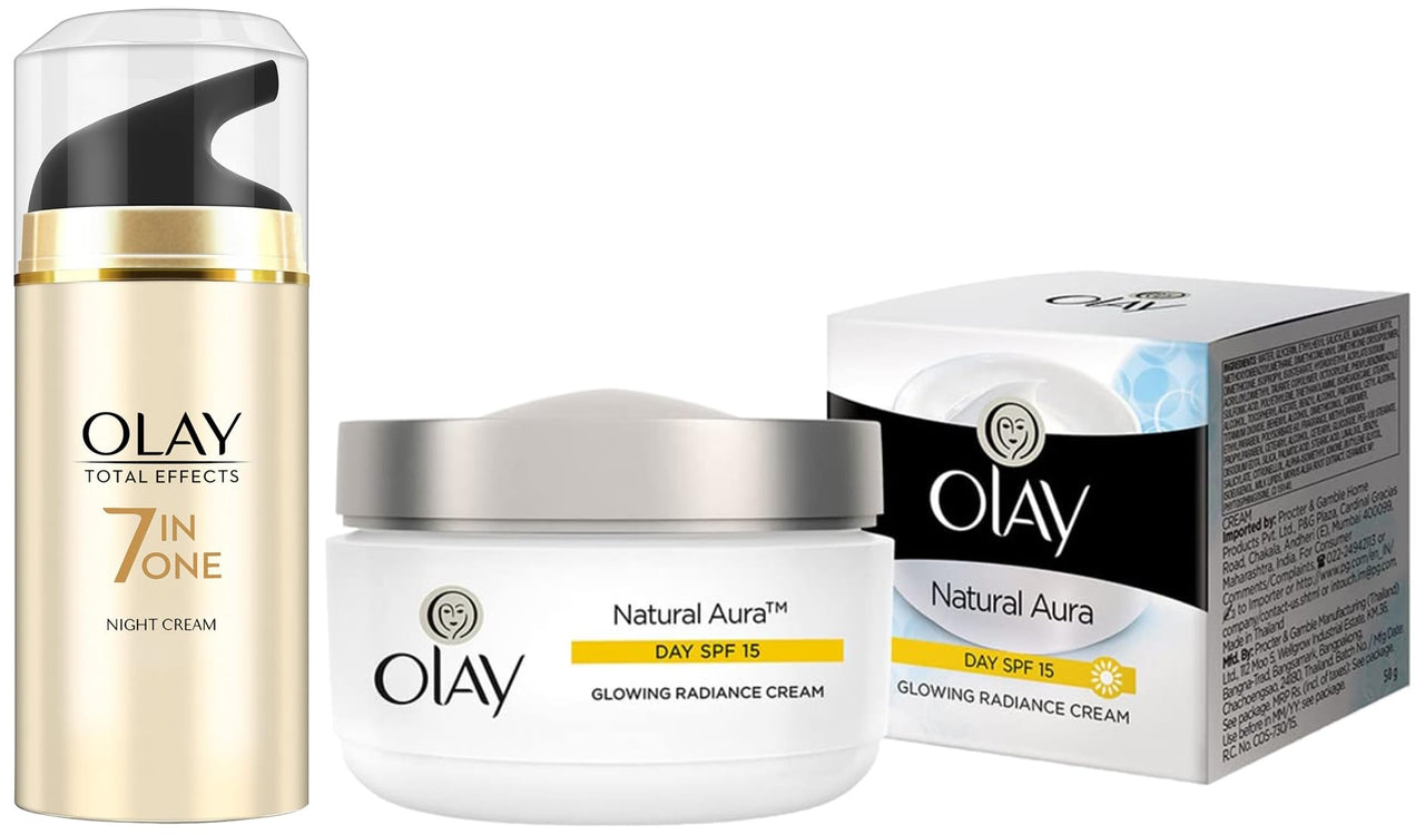 Olay Day Cream Natural White Fairness Moisturiser SPF 24, 50g & Olay Night Cream Total Effects 7 in 1, Anti-Ageing Moisturiser, 50g