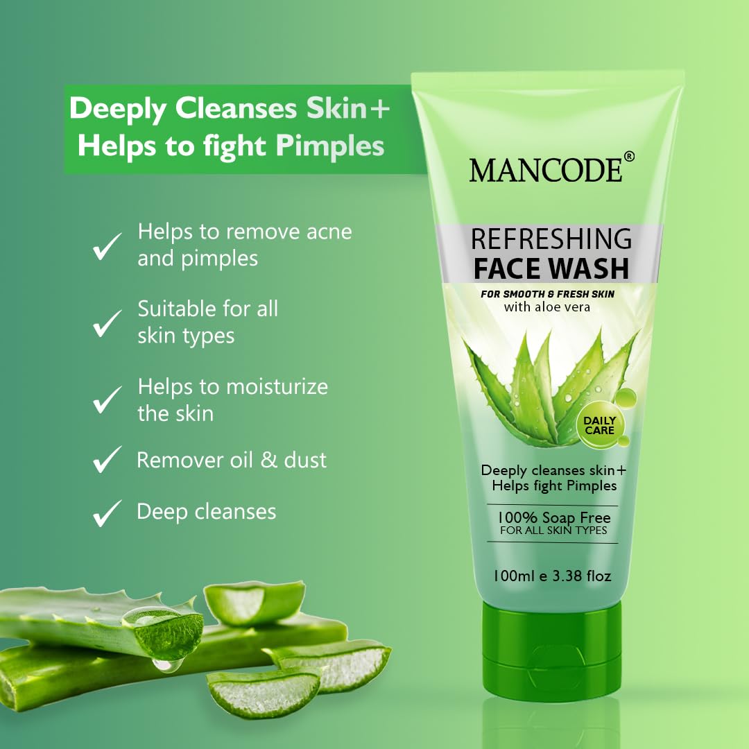 Mancode Refreshing Face Wash 100ml with Aloe Vera | Deep Cleansing & Pimple Fighting | Removes Dirt & Oil for Smooth, Fresh Skin | 100% Soap-Free Face Wash for Men & Women