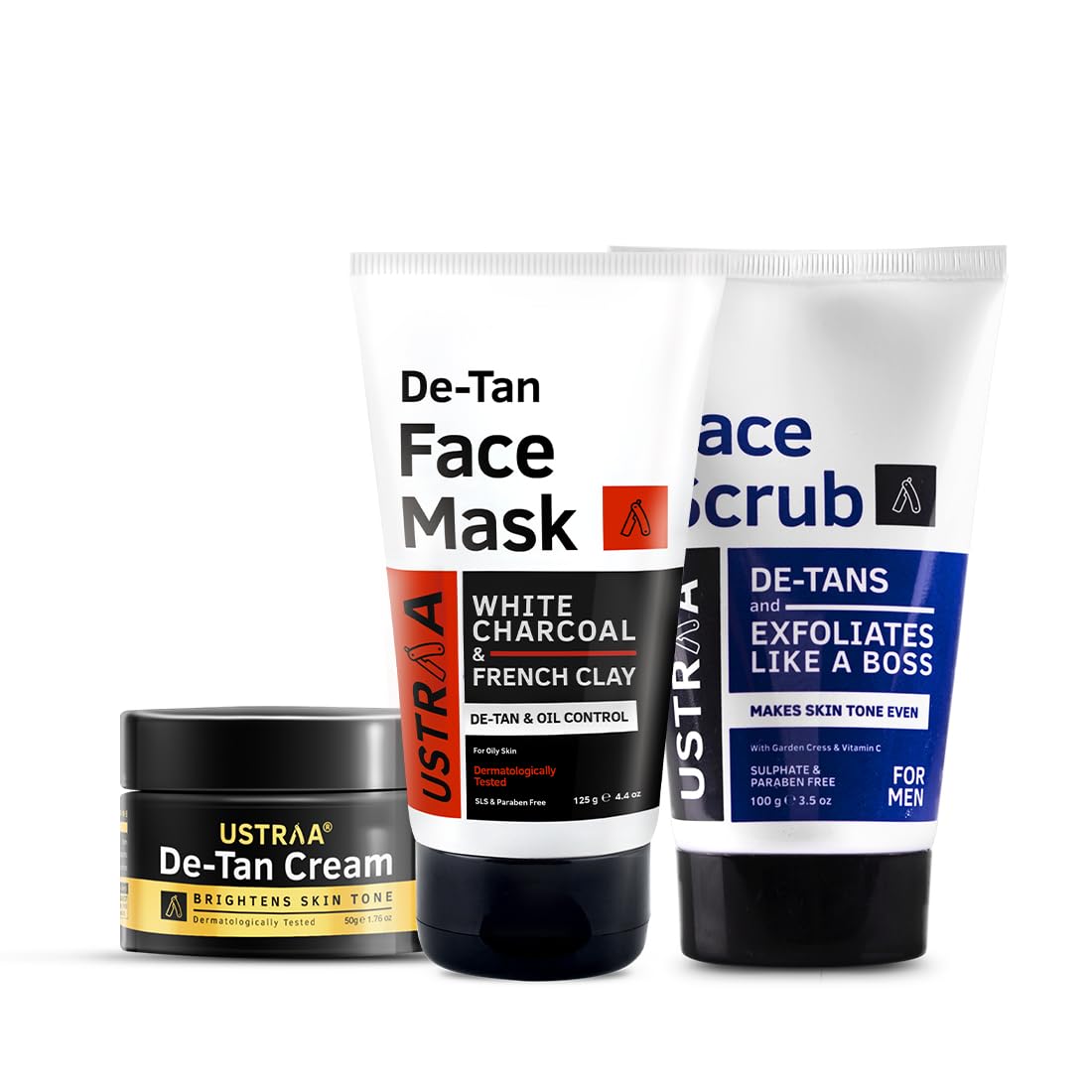 Ustraa Anti Tan Facial Kit - For Men - Set of 3 - De-Tan Scrub - 100g | Powerful Exfoliation | De-Tan Face Mask - Oily Skin - 125g | De-Tan & Oil Control | De-Tan Cream - 50g | Effective Tan Removal