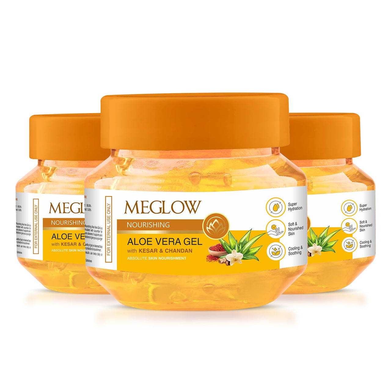 Meglow by Leeford | Nourishing Aloe Vera Gel with Kesar Chandan | Pure Aloe Vera, Kesar Chandan Gel | Organic Aloe Vera Gel for Face | Ayurvedic Formula for Skin Nourishment Pack of 3 (100g each)