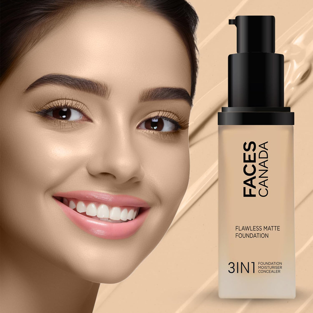 FACESCANADA Flawless Matte Foundation-Absolute Ivory,30 Ml 3-In-1 Foundation+Moisturizer Cream For All Skin Types+Concealer|12 Hr Hydration+Spf 1|Hd Matte Coverage|Lightweight|Anti Ageing,Pack Of 1