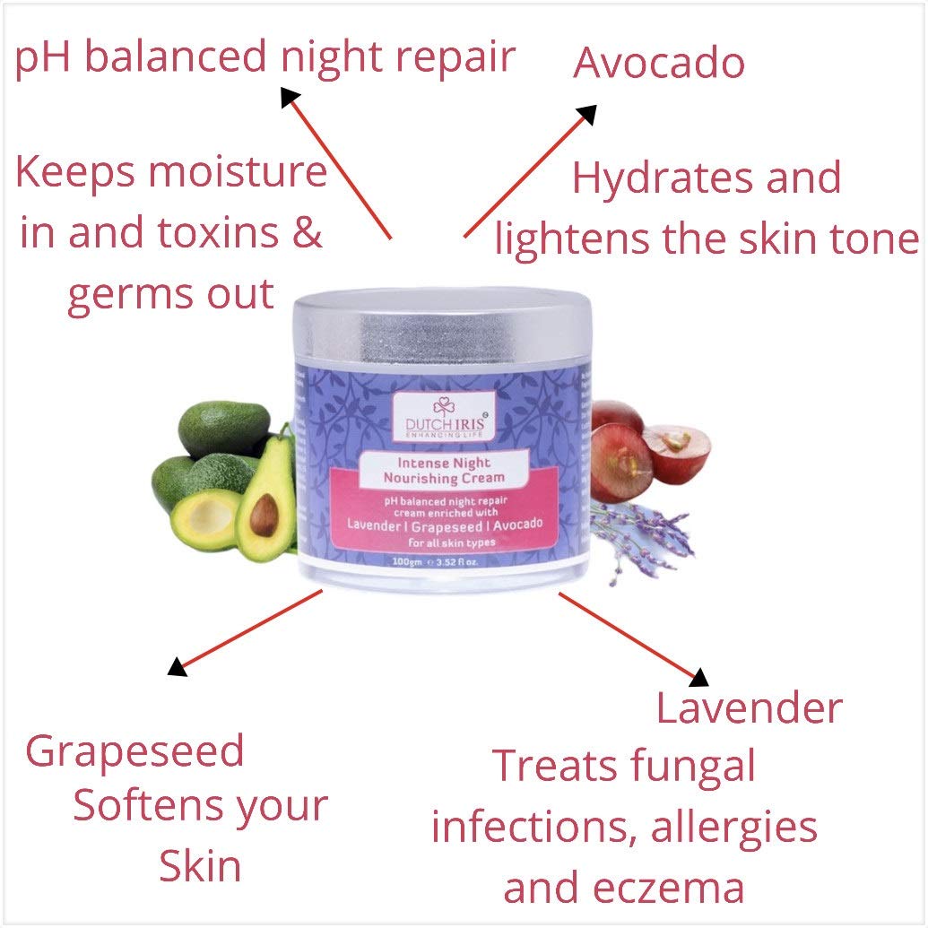 Dutch Iris Intense Night Nourishing Cream | Lavender, Grapeseed & Avocado Extracts | Paraben & SLS Free | Deep Hydration & Anti-Aging | Natural Care for All Skin Types | For Women & Men (Unisex) I100g