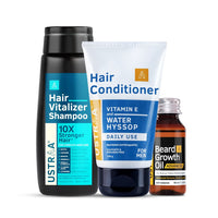 Ustraa Hair Vitalizer Shampoo - 250ml - With Biotin, Omega 3 & Omega 6 | Daily Use Hair Conditioner - 100gm - No SLS, No Paraben | & Beard Growth Oil Advanced - 60ml - With Redensyl and DHT Booster
