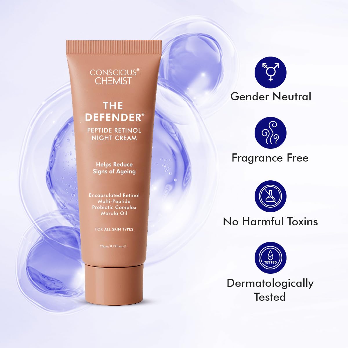 Conscious Chemist® 0.2% Retinol Moisturizer Cream | 20g | Pro-Collagen Night Cream, For Men & Women, Multi peptide Anti aging Face cream, Reduces Fine lines, Neck lines & Wrinkles, All Skin Types - The Defender