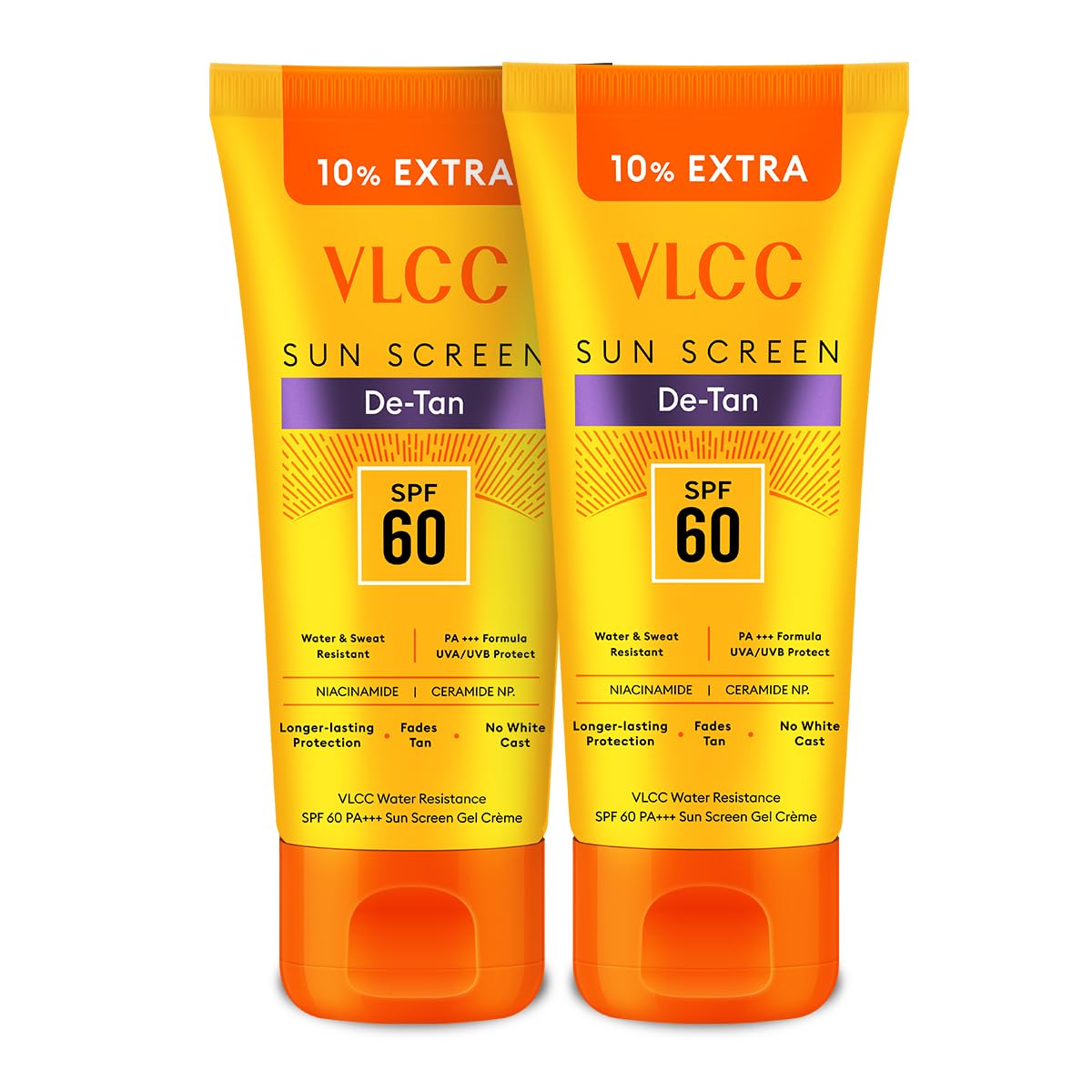 VLCC De-Tan Water Resistant SPF 60 PA+++ Sunscreen Gel Crème - 100g+10g Extra (Pack of 2) | With Niacinamide, Ceramides & Vitamin E | Protects from UVA, UVB Rays, Sun Damage, Skin Darkening & Premature Aging