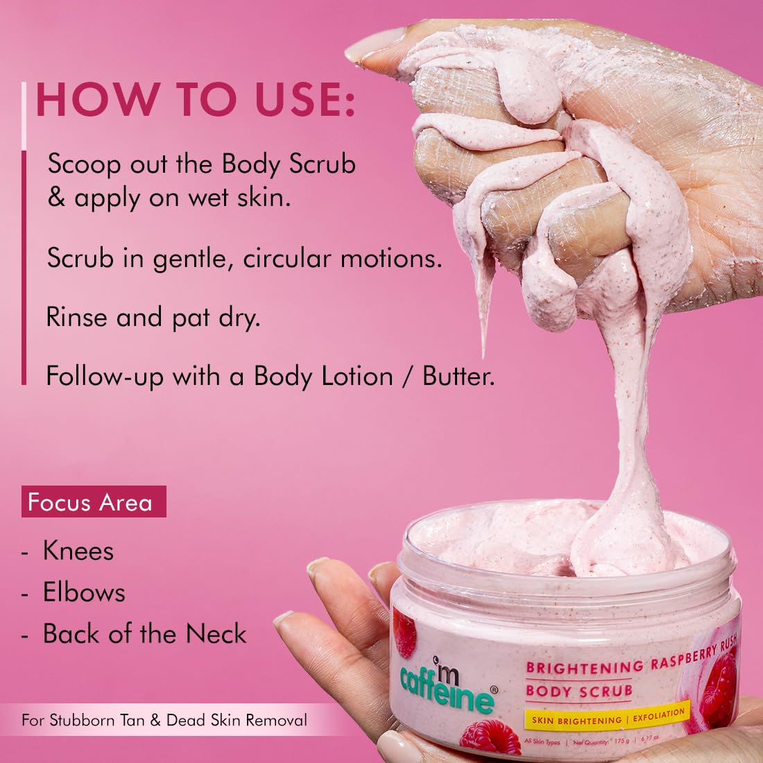 mCaffeine Brightening Raspberry Body Scrub | Tan Removal | AHAs - Lactic & Glycolic Acid, Niacinamide | Vitamin C Rich for Brighter, Soft Skin | Remove Dry, Dead Skin | Fruity Berries Aroma - 175g