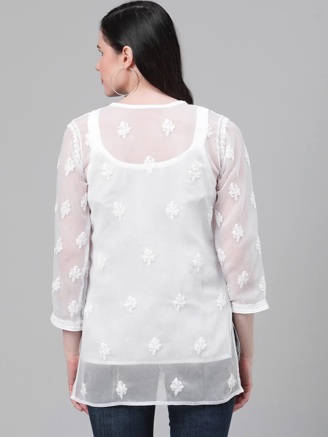 Ada Women's  Hand Embroidered Lucknowi Chikankari Georgette Short Top Kurti with Slip