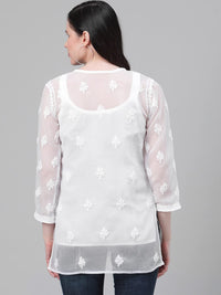Ada Women's  Hand Embroidered Lucknowi Chikankari Georgette Short Top Kurti with Slip