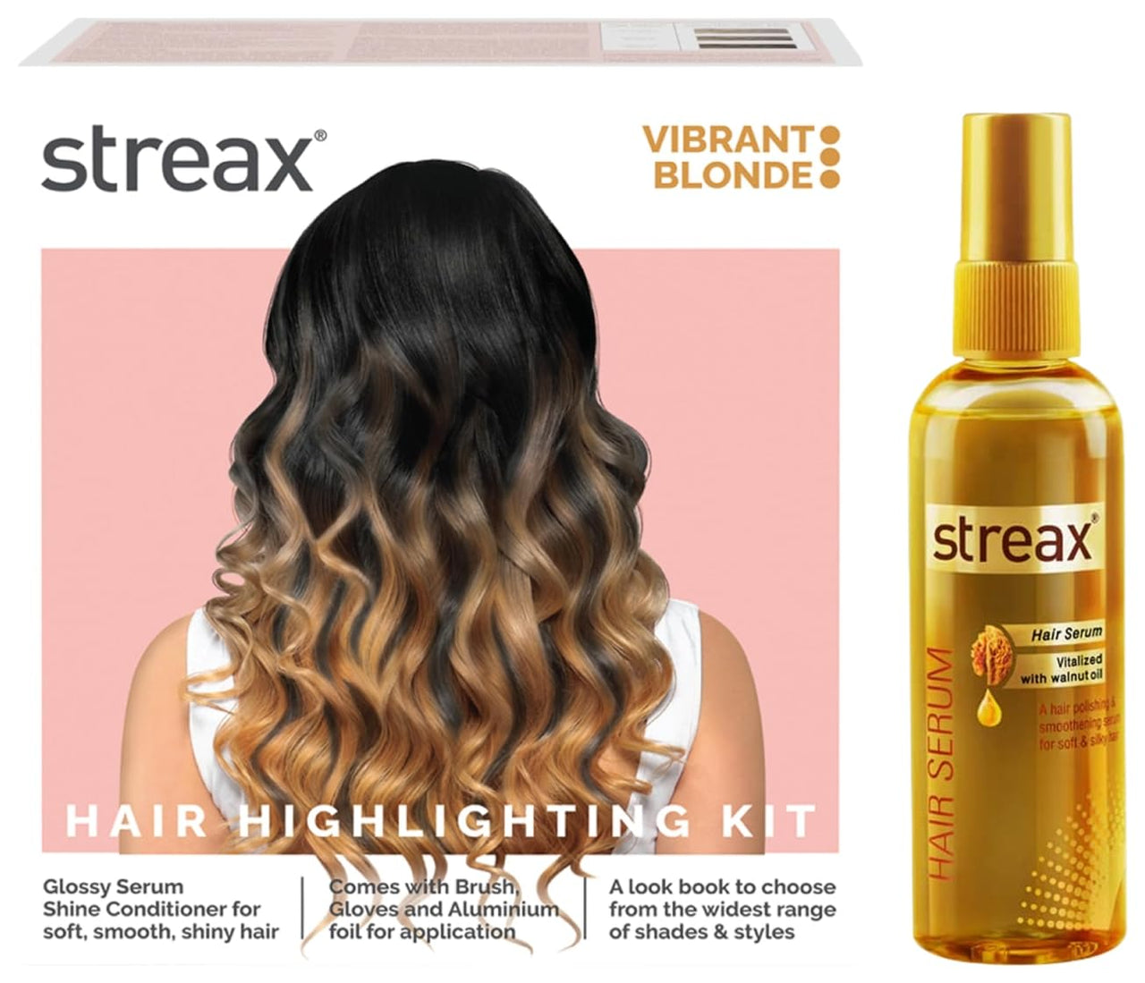 Streax Hair Serum-200 ml Vitalized with Walnut Oil, For Hair Smoothening & Shine, For Dry & Frizzy Hair Hair Colour Highlight Kit | Blonde Hair Colour, Vibrant Blonde - Pack of 1
