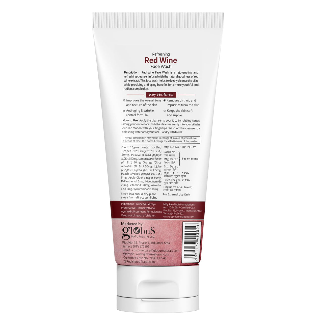 Globus Naturals Red Wine Hydrating Face Wash, Enriched With Rosemary & Honey, Wrinkle Control Formula, Natural, Gentle & Mild, Suitable For All Skin Types, 75 gm