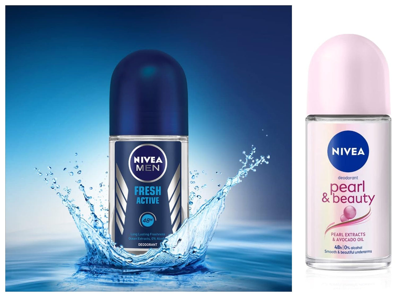 Nivea Deodorant Roll On, Pearl & Beauty for Men, 50ml And Deodorant Roll-On, Fresh Active Original for Men, 50ml