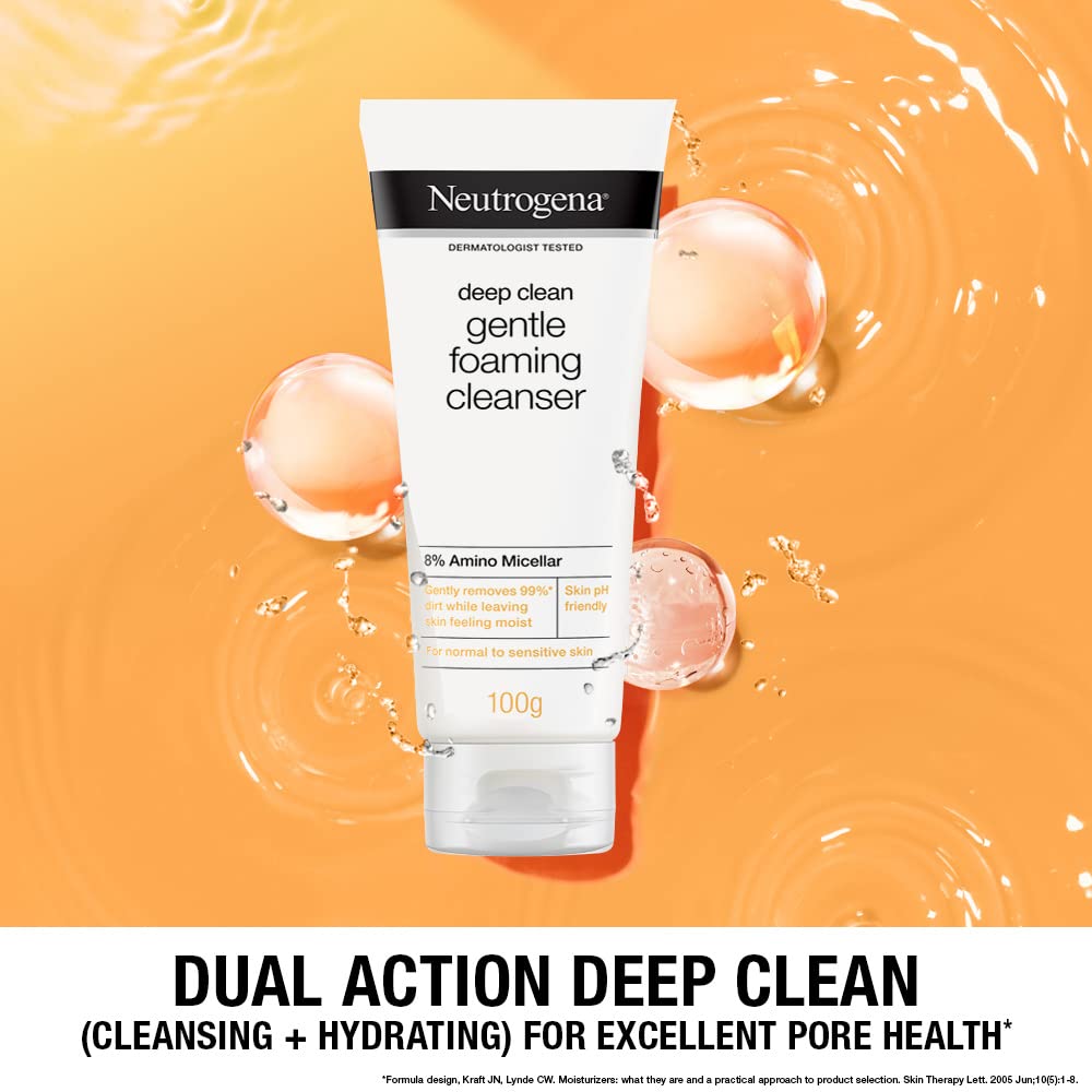 Neutrogena Deep Clean Foaming Cleanser- Advanced Face Wash | Men & Women | Normal to Oily Skin | Gentle Formula | 8% Amino Micellar | Skin pH Friendly | Removes 99% Dirt | Daily Cleansing | 100g
