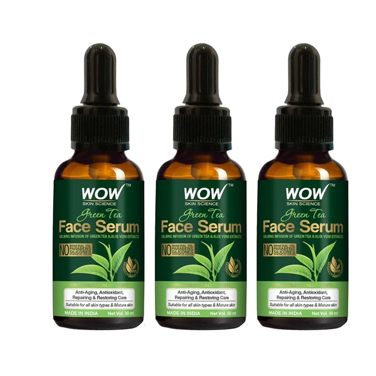 WOW Skin Science Green Tea Face Serum | Aloe Vera Extract with Pro Vitamin B5 & Vitamin E | Anti Aging, Skin Repair | Blemishes, Fine Lines, Smooth Skin | No Parabens | 30 ml | Pack of 3