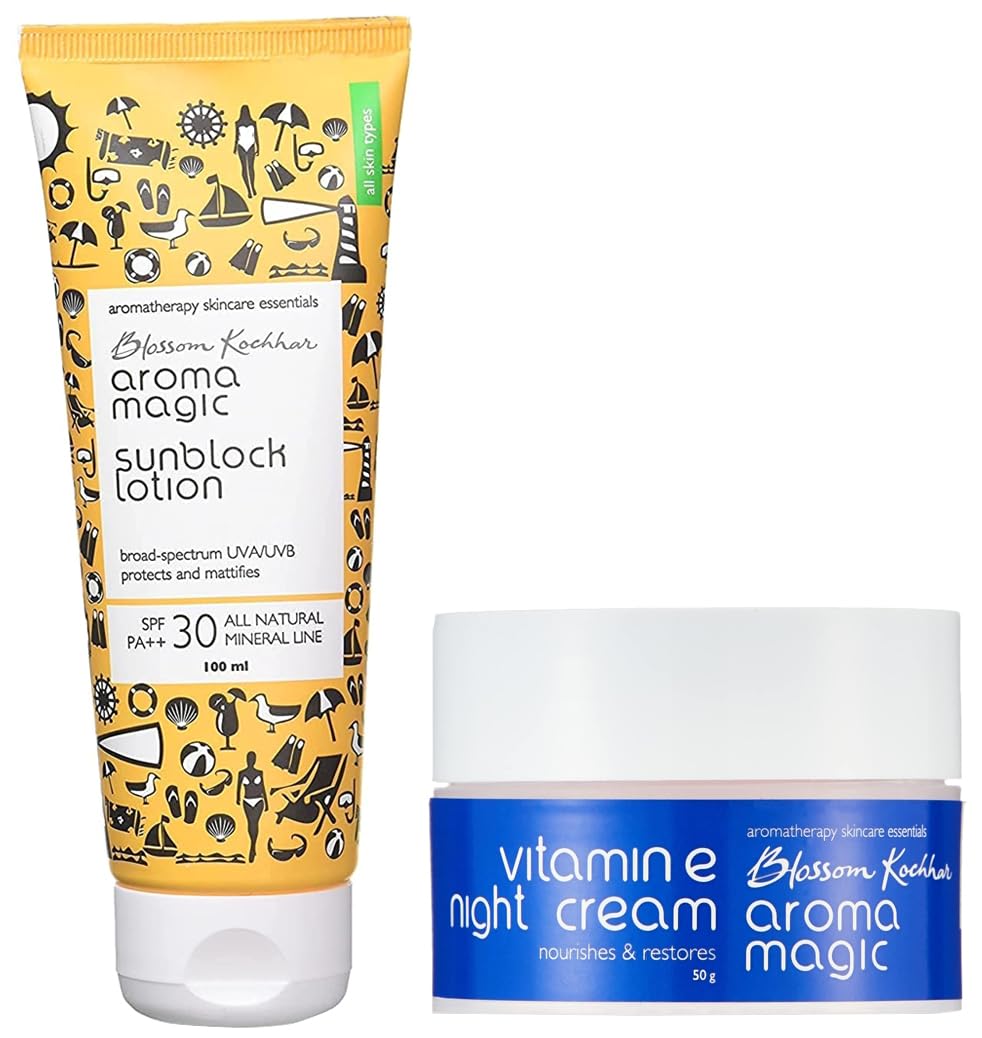 Aroma Magic Sunscreen Sun Block Lotion, SPF 30, 100ml And Aroma Magic Vitamin E Night Cream, 50g
