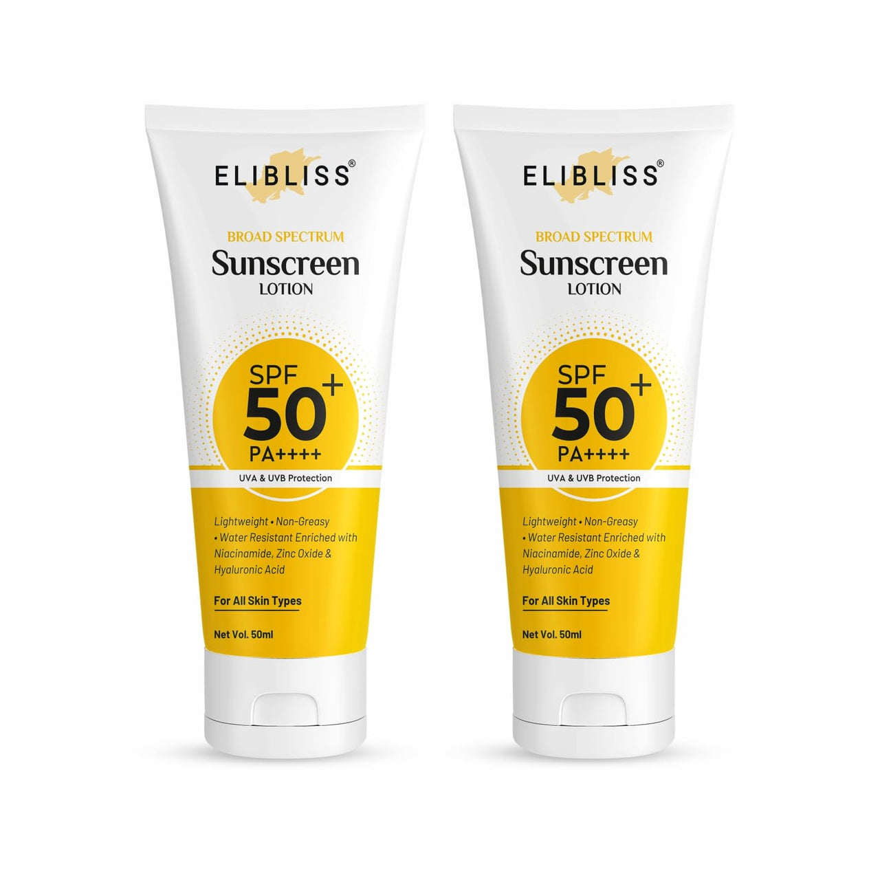 Elibliss Sunscreen Lotion SPF 50+ PA++++ | Broad Spectrum UV Protection | Lightweight, Non-Greasy, Water Resistant | Enriched with Niacinamide, Zinc Oxide for All Skin Types – 50ml Pack of 2