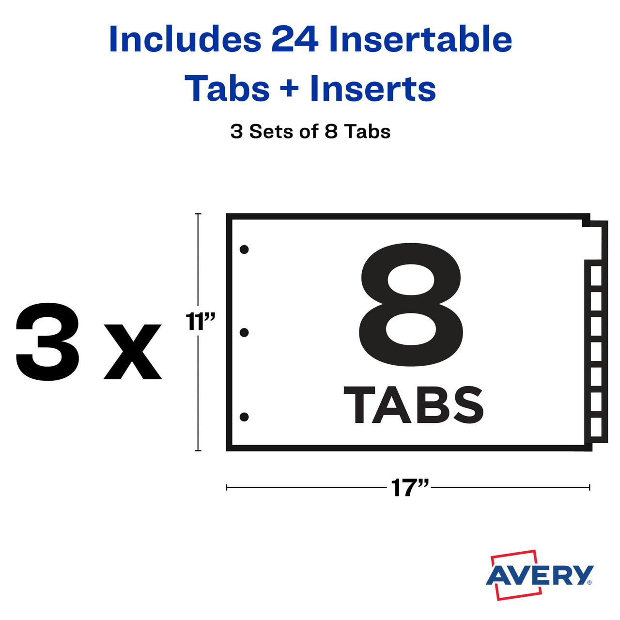 Avery Dividers for 3 Ring Binders, 8-Tab Binder Dividers, 11" x 17" Plastic Binder Dividers, Insertable Big Tabs, Multicolor, 3 Sets (11256)