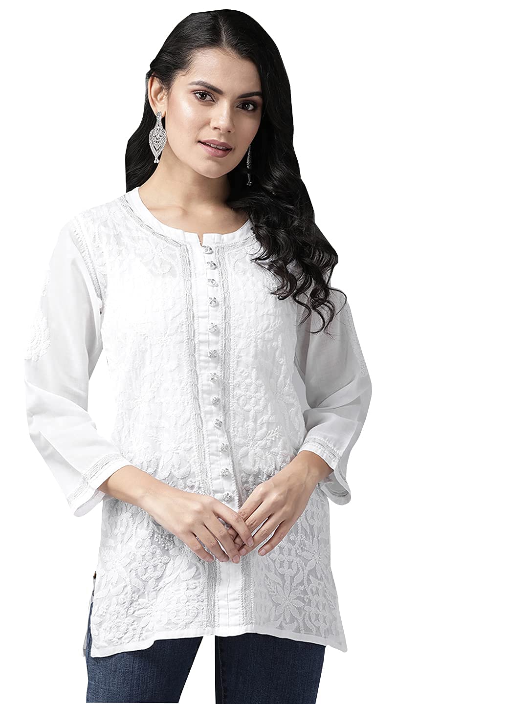 Ada Women's  Hand Embroidered Lucknowi Chikankari Cotton Straight Short Top Kurti A178625