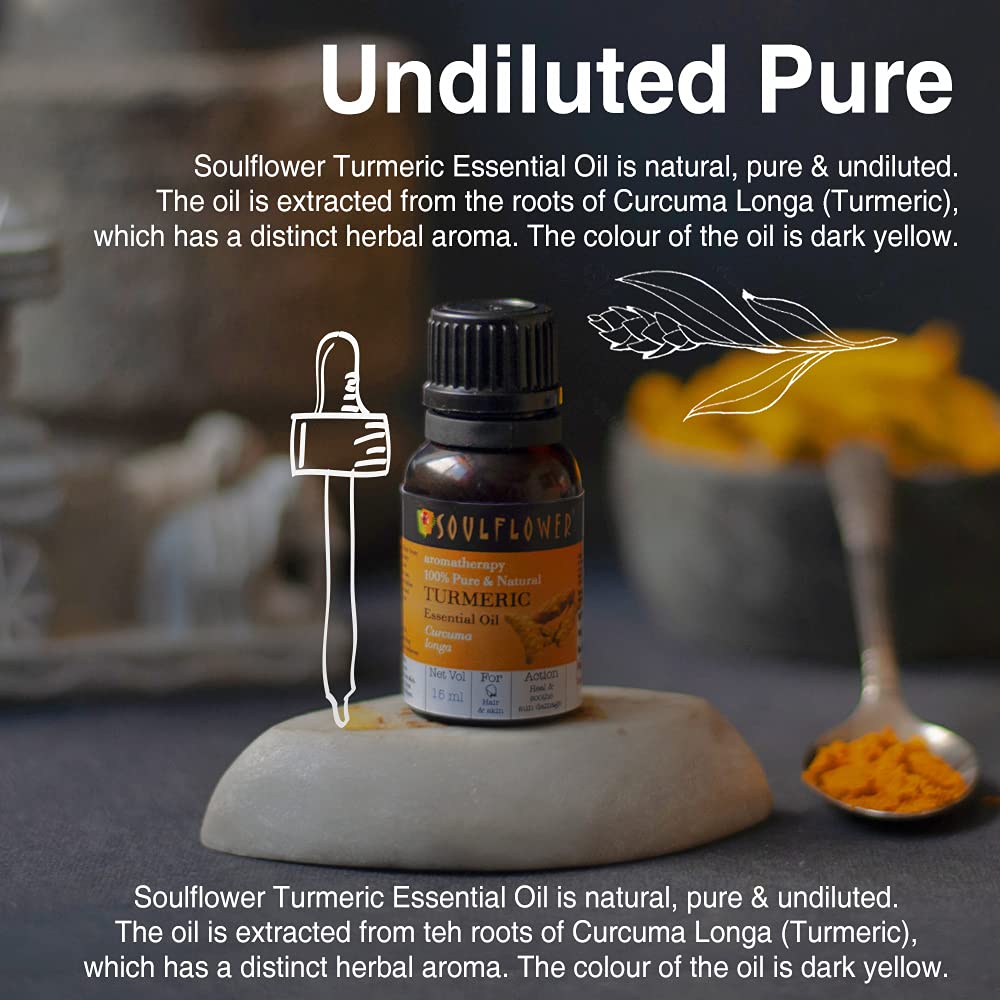 Soulflower Turmeric Essential Oil, 15ml | Skin Acne, Healthy Hair, Scalp, Aromatherapy | 100% Pure, Natural & Undiluted Premium Essential Oil