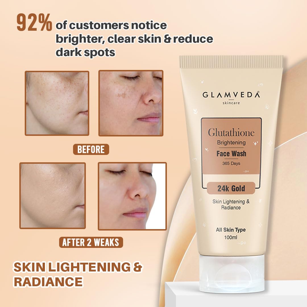 Glamveda Glutathione 24k Gold Face Wash Lightens skin tone | Enhances Natural Radiance, Glow Booster | For All Skin Types | SLS & Paraben Free 100 ml