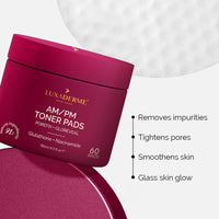 LuxaDerme Korean AM/PM Toner Pads | Remove Impurities & Tighten Pores | Even tone & Hyrdated Skin | Achieve Korean Glass Skin Glow | 91% Natural Ingredients with Niacinamide, Gluathione & Astaxanthin | 60 Pads