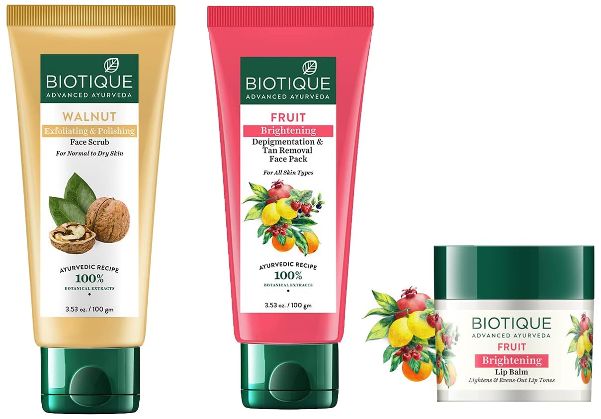 Biotique Bio Fruit Whitening/Brightening Lip Balm, 12g & Fruit Brightening Depigmentation & Tan Removal Face Pack For All Skin, 100ml & Walnut Exfoliating & Polishing Face Scrub 100gm