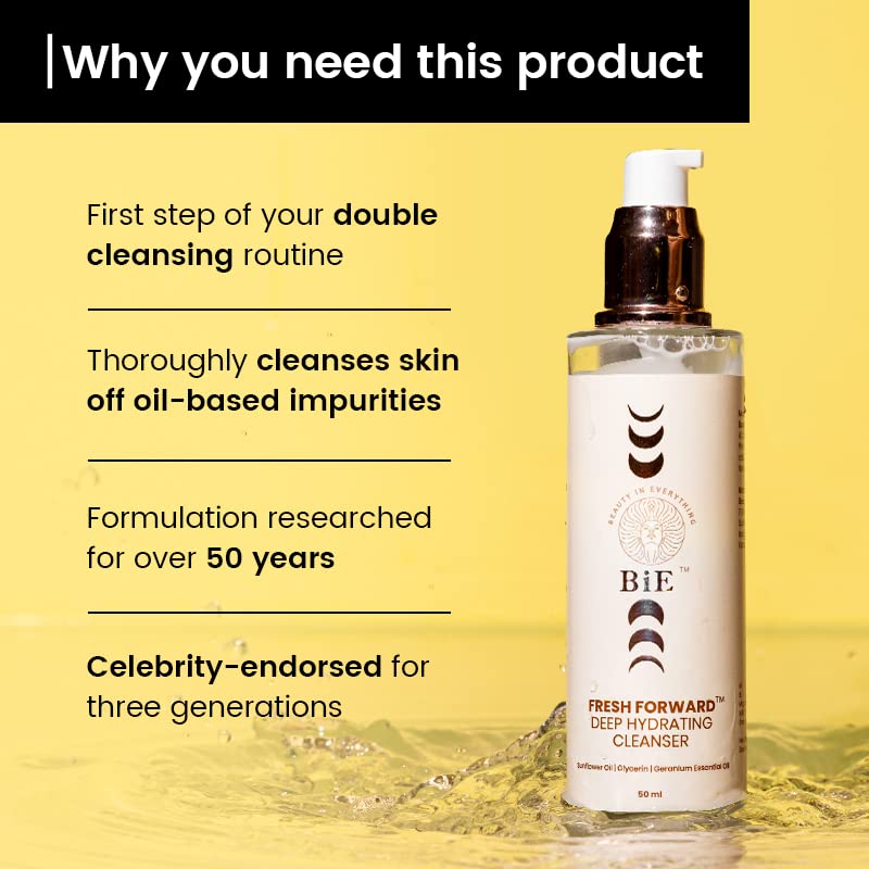 BiE Fresh Forward Deep Hydrating Cleanser With Glycerin & Geranium Oil | Hydrating & Non-Drying | Gentle Face Cleanser, Controls Excess Sebum & Make Up Remover | Gentle Face Wash for All Skin Types | 50ml