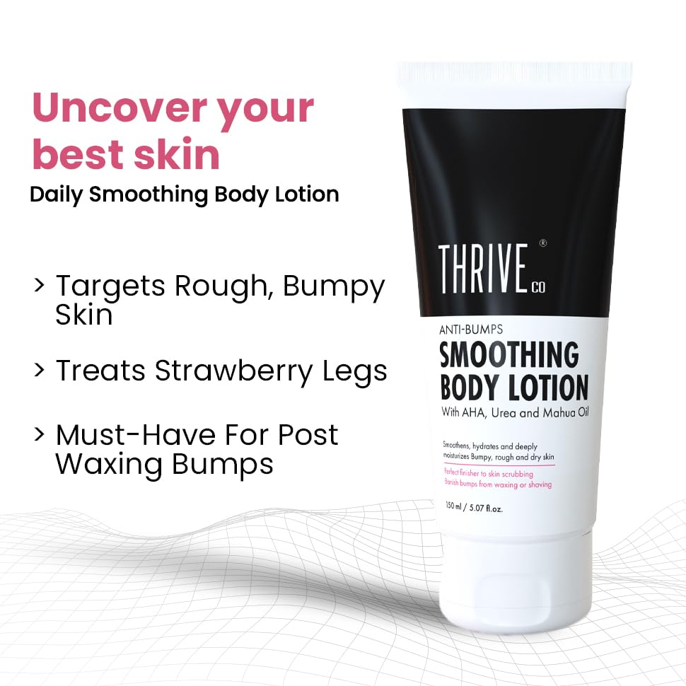 ThriveCo Smoothing Body Lotion for Dry, Rough & Bumpy skin | With AHA, Mahua Oil & Urea | Moisturizes, Hydrates & Treats Keratosis Pilaris,Strawberry Skin in Men & Women | 150 ml