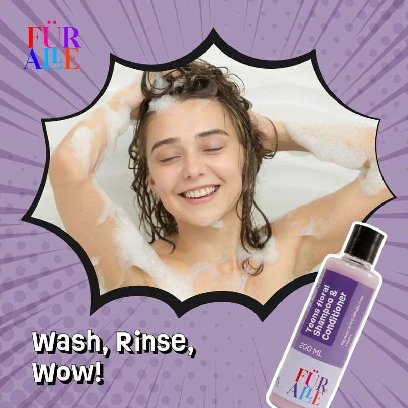 FurAlle Teens Floral Shampoo & Conditioner For Kids | Infused with Jasmine Flower, Onion Extract, Lotus Water & Lavender Oil | Gentle, Nourishing Hair Care for Boys & Girls | 2-in-1 Hair Care | 200ml