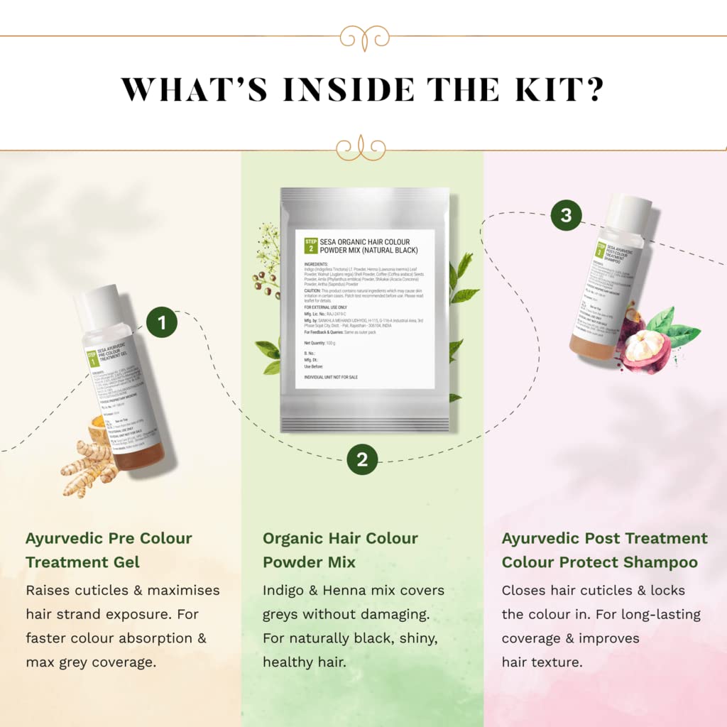 SESA 3 Step Natural Hair Colour Kit - For FIRST GREYS - 100% Organic & Ayurvedic - NO Ammonia, PPD, Peroxide