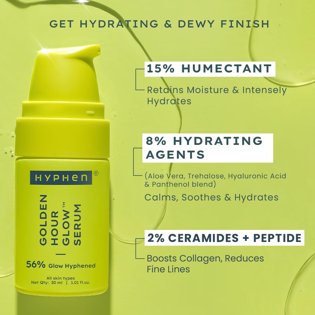 Hyphen Golden Hour Glow Face Serum with Niacinamide, Alpha Arbutin, Hyaluronic Acid Moisturizer, Aloe Vera Extract & Kakadu Plum| Non Sticky Serum for Men & Women & All Skin Types | 30Ml