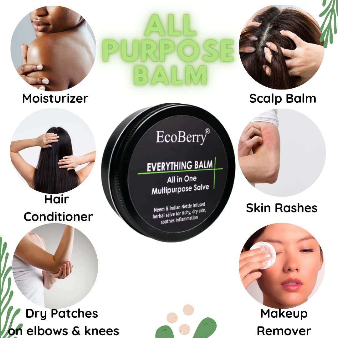 EcoBerry Everything Balm, All In One Multipurpose Balm, Moisturizing, Hair Conditioning, Anti-dandruff, Makeup Remover, Effective on Skin Rashes Insect Bites, Natural, Chemical Free, Paraben Free, Veg